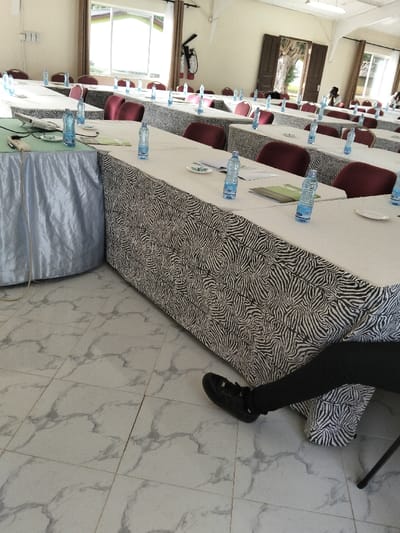 This image captures a wide-angle view of a conference or meeting room set up for an event, likely during the daytime. The room appears brightly lit, suggesting natural light from windows combined with indoor lighting.
In the foreground and extending into the midground, there are multiple long tables arranged in rows. The tables are covered with tablecloths. The main tables feature a distinctive black and white zebra-print pattern, creating a visually striking effect. To the far left, a table, possibly a head table or a registration/technical table, is covered with a plain, light blue or silver-grey silky fabric tablecloth.
Each table is equipped with several plastic water bottles, mostly full and in a light blue shade, positioned at regular intervals. Small white saucers or plates are also visible on the tables, along with some papers or notebooks, indicating preparation for a meeting or seminar. On the light blue covered table, some electronic devices or presentation equipment, including what looks like a projector remote or a microphone base, are visible. A light-colored cable runs from this table towards the floor.
Behind the tables are numerous chairs with dark red or maroon fabric seats and backs, and light-colored frames, likely metallic. They are neatly arranged behind each table, facing what would be the front of the room.
The floor is tiled with light-colored, possibly white or very light grey, tiles that have a subtle grey marbling pattern. The grout lines are visible, forming a grid.
In the background, there are windows and doors. On the left side, a large window is visible, letting in ample natural light and showing some greenery outside. A red fire extinguisher is mounted on the wall near this window. Towards the right, another set of windows and an open door reveal a glimpse of an outdoor area with trees and possibly some buildings or structures. A person or part of a person is faintly visible in the distance through the open door on the right. The walls are painted a plain, light color, possibly off-white or cream.
In the bottom right corner of the image, part of a person's leg and foot is visible. The person is wearing black trousers or leggings and black athletic shoes or sneakers. Their leg is positioned beneath one of the zebra-print tables, suggesting they are seated at one of the tables.
The water bottles have text on them, with "VIVA" clearly legible in a stylized font, indicating the brand of bottled water provided. The overall impression is that the room is meticulously prepared for a professional gathering.