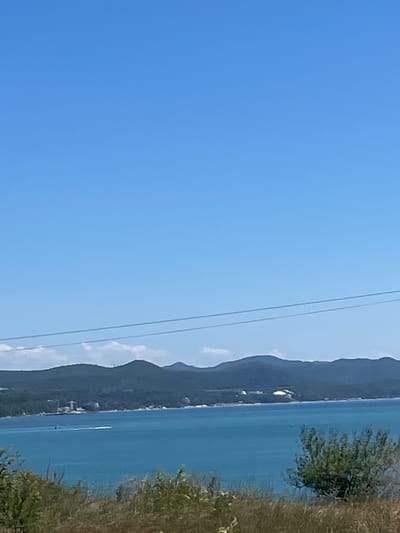 The image depicts a scenic view of the Black Sea coast in Dzhubga, Russia. The foreground is dominated by dry grass and bushes, with a few green trees visible on the right. Beyond this, the turquoise waters of the sea stretch towards a lush green coastline characterized by rolling hills and mountains. Scattered along the shoreline, buildings and structures, likely resorts or residential areas, are visible. A few boats are present on the water, suggesting recreational activities. The sky is a clear, bright blue, with two faint horizontal lines, possibly power lines, visible in the upper portion of the frame. The overall scene is one of natural beauty and a coastal resort town.