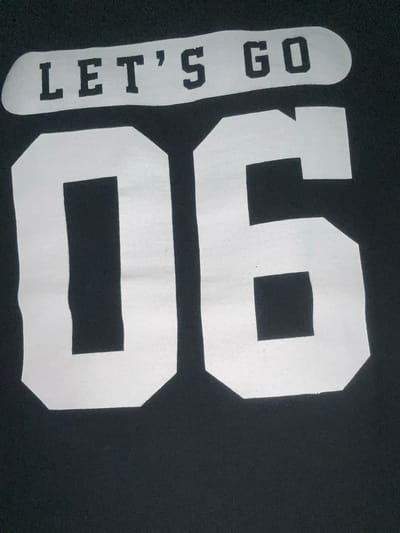The image shows white lettering on a black background. On the left, vertically oriented, is the phrase "LET'S GO" in a rounded rectangular shape. To the right is the number "06," stacked vertically. The context of the lettering in the image indicates the image likely originated from a shirt or other apparel. There is no information about location in Cheongju-si, South Korea in the image.