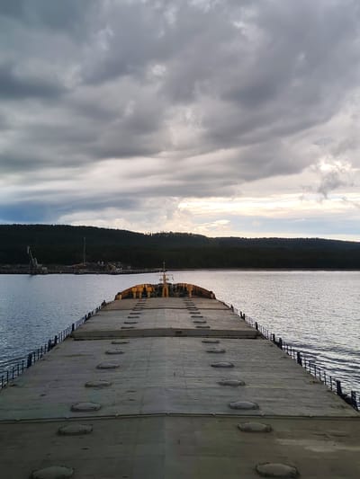The image depicts a wide, flat expanse of a cargo ship's deck, made of gray, weathered metal panels. Rows of circular, metallic hatches are visible, spaced evenly across the deck, suggesting a bulk carrier or similar vessel. The deck extends towards the horizon, where it meets a body of water. The water appears calm, with subtle ripples reflecting the overcast sky.
In the distance, a forested coastline stretches across the scene, with a dark green, dense tree line bordering the water. A port facility is visible along the shoreline, indicated by industrial equipment such as cranes and structures associated with loading and unloading cargo. The sky is filled with dramatic, heavy gray clouds, with patches of lighter sky and hints of sunlight breaking through, creating a somewhat moody atmosphere. The overall impression is one of an industrial port or harbor setting, likely under a partly cloudy or stormy sky.
The image appears to be taken from the perspective of someone standing on the deck of the ship, looking forward. There is one individual visible, sitting on the edge of the deck in the middle ground, facing away from the camera and towards the water. The location is specified as Shcheleiki, Russia, a port town on the coast.