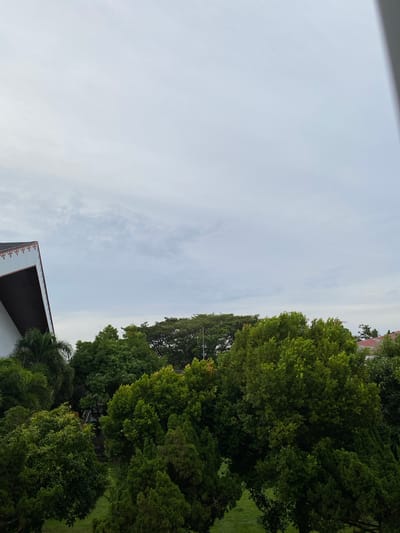 The image shows a cloudy sky over a lush green environment, with a building visible on the left and trees dominating the foreground and midground. The building has a white facade with a dark roof and decorative trim along its edge. Several types of trees, with varying shades of green foliage, are densely packed. The ground beneath the trees appears to be covered in grass. The overall impression is that of an outdoor scene in a tropical or sub-tropical climate, possibly within a park or garden area in Banda Aceh, Indonesia, given the mention of the location. There are no people or animals visible in the image.