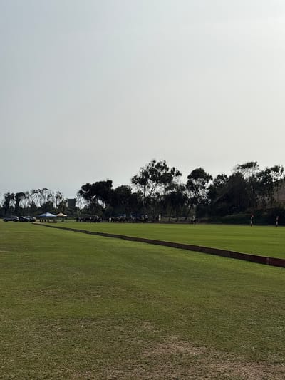 This image depicts a polo field in Lurín, Peru. The foreground is dominated by a vast, well-maintained green grass field, with a reddish-brown border lining its edge. In the middle ground, a line of trees separates the field from a distant natural landscape. Several cars are parked on the left side of the field. A white and blue tent, and an orange tent are visible. Further to the right, a herd of cattle is grazing. A single rider on horseback is visible in the distance on the field, and two polo goals are visible on the far right. The sky above is overcast and light gray, with no distinct clouds.