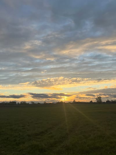 The image depicts an expansive rural landscape within the vicinity of Hœrdt, France, under a sky suggesting either sunrise or sunset. The upper two-thirds of the frame are occupied by a partially clouded sky, featuring a mix of grey, blue, and golden-orange altocumulus and stratocumulus formations. The sun is situated low on the horizon, towards the right, partially obscured by clouds but emitting visible golden rays that extend into the foreground. The horizon line consists of a distant, dark silhouette of trees and foliage. On the far right, a distinct dark church spire is visible against the sky, indicating a nearby populated area. The lower third of the image is a flat, green agricultural field, presenting faint linear patterns in the grass. No individuals, specific objects beyond the natural environment, or discernible actions or interactions are present in the scene.