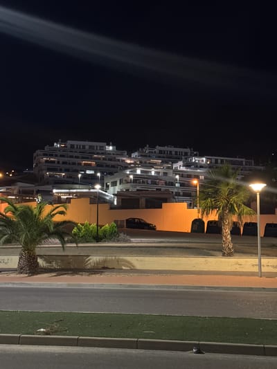 This is a night-time, medium-shot, vertical photograph taken in Finestrat, Spain. The foreground shows a paved road with a green grassy verge and a curb. A palm tree is visible on the left side of the frame, with another palm tree to the right, partially obscuring a street lamp. Behind the palm trees, an orange wall runs horizontally, with some green bushes planted in front of it. Beyond the wall, a large, multi-story building with many windows and balconies is illuminated. The building appears to be a residential complex or hotel, with lights on in many of the units. The sky above is dark, with a bright streak of light visible across the top portion of the image. A black car is parked near the orange wall.
