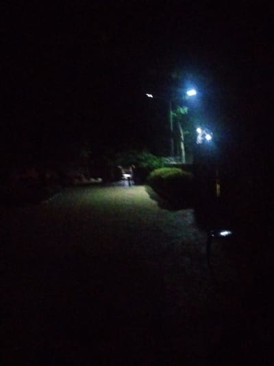 The image depicts a dark, outdoor scene at night, likely a park or walkway, illuminated by artificial lighting. In the foreground, a pathway or road is visible, bordered by grass on the right. Further back, a person or people are seen walking, their forms indistinct due to the low light conditions. Streetlights are present, casting a glow on the surroundings and highlighting some of the vegetation. The overall impression is of a dimly lit, possibly public space at night, with limited visibility. The location is specified as Mangu Town, Nigeria, though there are no specific visual cues within the image to confirm this geographical detail.