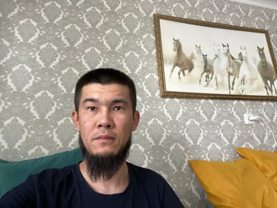 The image depicts an upside-down selfie of a man with a beard. He is wearing a dark blue t-shirt and is looking directly at the camera with a neutral expression. Behind him, the scene includes a patterned wallpaper, a framed picture of horses, and pillows. The wallpaper has a damask pattern in shades of grey and white. The framed picture shows a group of horses in a light-colored, possibly abstract, background. One yellow pillow and a teal pillow are partially visible. A white electrical outlet with a white cord plugged into it is also visible on the wallpapered wall. The overall setting appears to be indoors, possibly a bedroom or living room. The time of day and weather are not discernible from the image. The location is specified as Aktobe, Kazakhstan, though there are no specific visual cues in the image to confirm this. No text is visible in the image.
