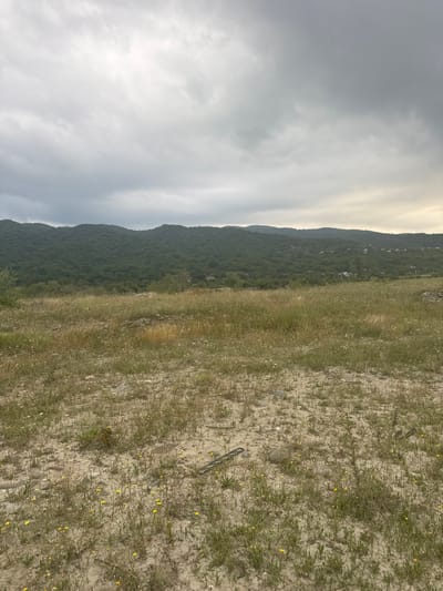 The image depicts a rural landscape in Aragvispiri, Georgia, characterized by rolling hills covered in dense green forest under a cloudy sky. In the foreground, a dry, sandy field is dotted with sparse yellow and white wildflowers and various rocks. A dark, elongated object, possibly a piece of debris, lies on the ground in the lower right quadrant of the field. In the middle ground, a valley separates the foreground field from the forested hills, with a scattering of buildings and what appears to be a small cluster of houses visible among the trees on the slopes. The overall scene suggests a remote, undeveloped natural setting with signs of human habitation in the distance.