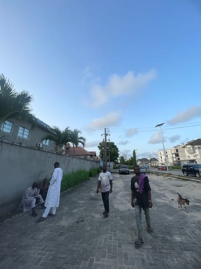 The image is of an outdoor urban scene in Ilado, Nigeria. The camera angle is tilted.
In the background, multi-story buildings, cars, and power lines can be seen.
On the street, two men are walking. One is wearing a purple shirt, dark jacket, and blue jeans. The second man is wearing a white shirt.
On the curb, two men are sitting. Both are wearing white garments.
A dog is walking on the side of the street in the background.