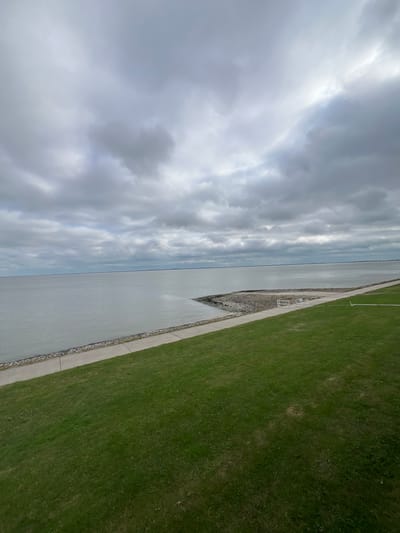 The image depicts a vast, calm body of water, likely the Jade Bay, with a cloudy sky overhead. The water meets a paved walkway, which is bordered by a well-maintained grassy area. The walkway has two white benches, suggesting a place for rest or observation. The scene is oriented such that the water occupies the left side of the frame and the grassy area the right, with the walkway acting as a boundary.
The sky is filled with a mix of dark and light gray clouds, indicating overcast or possibly impending rain. The overall mood is somewhat somber, fitting for a cloudy day. The light suggests it could be daytime, though the clouds obscure direct sunlight. There are no people visible in the image, giving a sense of solitude.
The setting appears to be a coastal or waterfront area, characteristic of Wilhelmshaven, Germany, a city known for its port and proximity to the sea. The presence of the walkway and benches suggests a public space designed for recreational use, possibly a promenade or a dike. The detailed texture of the grass and the stonework along the walkway are discernible. No visible text is present in the image.