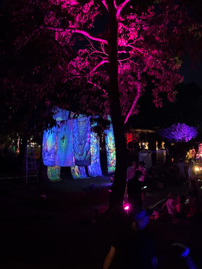 The image shows a night scene in Carangsari, Indonesia. A tree, illuminated with vibrant pink light, dominates the left side of the frame. To the right, a structure made of stacked, decorated boxes is lit with blue and green patterns. A rope bridge spans an area near the boxes. People are visible in the background, some wearing face masks, indicating a cautious interaction. The scene is dark, with the colored lights creating a distinct, artificial glow in the natural setting.