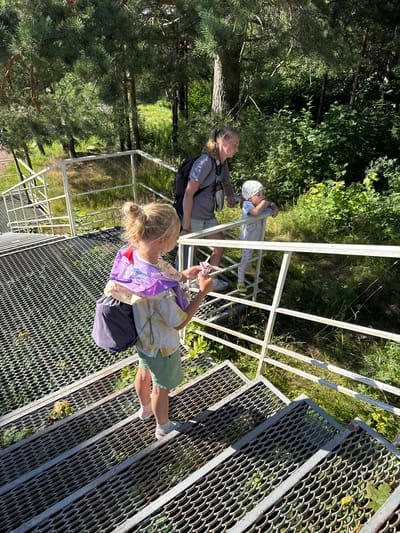 A woman wearing a grey t-shirt and shorts stands on a metal staircase, carrying a backpack. Beside her, a young child in a light-colored outfit and a white head covering leans on a railing. In front of the woman, a young girl with blonde hair in a bun wears a light-colored t-shirt, green shorts, and a purple cape. She carries a grey bag on her back and holds a small object in her hand. The group is on an outdoor metal staircase surrounded by lush green trees and vegetation, suggesting a natural or park-like setting. The lighting indicates it is daytime. The location is the city of St. Ozerki, Russia.
