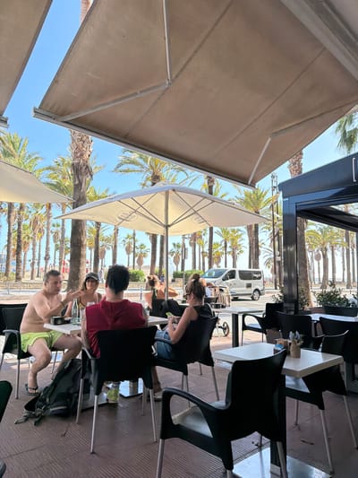 This image depicts an outdoor cafe or restaurant situated along a sunny promenade, likely in Salou, Spain. The scene is viewed from beneath a large, light-colored awning or umbrella, which provides shade.

Several people are seated at modern white tables with black chairs. In the foreground, a shirtless man in lime green shorts is relaxing, with a bottle of Coca-Cola visible on his table. Nearby, another man in a red shirt and a woman in a yellow bikini top and cap are also seated. Further back, a woman wearing a black top and glasses is looking down at her table. Other indistinct figures are visible deeper within the cafe.

Beyond the shaded seating area, a clear blue sky is visible above a row of tall palm trees that line what appears to be a street or pedestrian walkway. A white van, partially visible, displays the text "Transg" on its side. One table has a small vase with purple flowers. The ground is paved, and the overall atmosphere suggests a relaxed, leisurely setting under bright daylight, indicative of warm, sunny weather. The primary activity is people enjoying drinks or a meal and socializing outdoors.