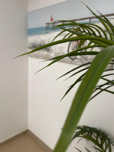 The image depicts a close-up view of green palm fronds in the foreground, with a blurred background. In the background, a wall painting of a beach scene is visible, featuring a wooden pier, sand, and a bicycle. The painting has a serene, coastal aesthetic. The lighting suggests an indoor setting, possibly a home or office, with natural light illuminating the scene from an unseen source. The floor is tiled in a neutral tone, and a beige baseboard runs along the wall. The overall impression is one of a tranquil, decorative interior. There is no information about the city of Bari, Italy, or any people present in the image.