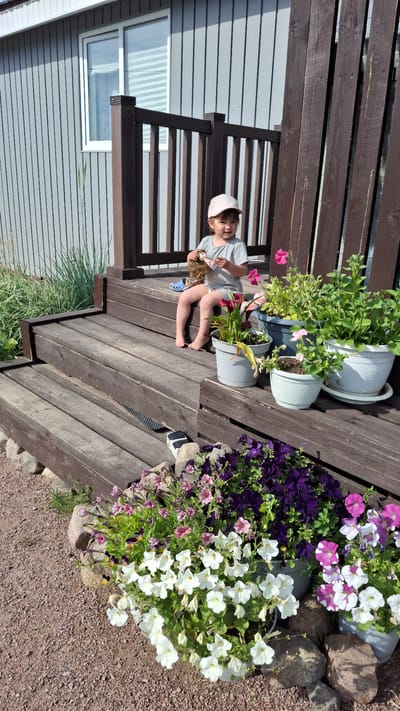 A young child wearing a light pink baseball cap and a grey t-shirt is sitting on the wooden steps of a deck, holding a doll. The child is barefoot and looking towards the camera with a slight smile. In front of the child are several potted plants, including petunias of various colors, some of which are in bloom. The deck is made of weathered brown wood, with railings to the left and right. Behind the deck is a building with grey siding and a window. The ground in front of the deck is covered with gravel and rocks. In the background, there are some tall green plants. The scene appears to be outdoors on a sunny day. The location is identified as Kempele, Russia.