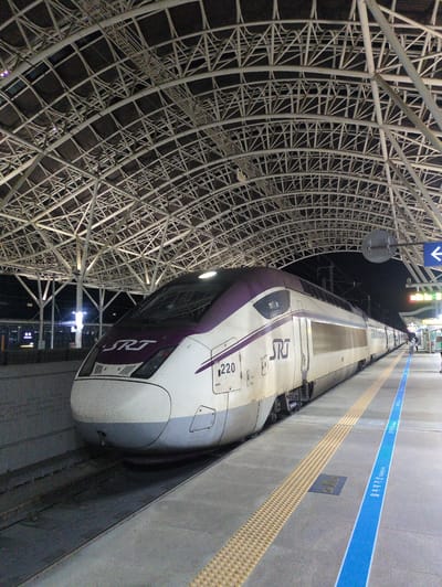 A high-speed train is stopped at the platform of Singyeongju Station in Gyeongju-si, South Korea. The train, predominantly white with a purple stripe, is labeled with the "SRT" logo and the number "1220." The station platform, marked with a blue line and textured warning surfaces, is adjacent to the train. Above the train, a network of white, crisscrossing metal beams forms a canopy over the station. A blue sign with a white arrow hangs from the structure. In the background, a night sky and distant city lights are visible.