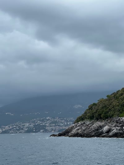 The image depicts a coastal scene in Luštica, Montenegro, under an overcast sky. Dominating the right side of the image is a rocky cliff covered with dense vegetation at the top. The cliff extends down to the edge of the water, and further inland a town is visible along the lower slopes of the mountains. The water is dark with small ripples. The sky occupies most of the left portion of the image and is filled with grey clouds.