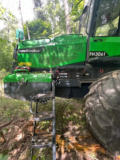 The image shows a green forestry machine parked in a wooded area. The machine has the branding "amkodor" and "FH3061" visible. A metal ladder extends from the side of the machine to the ground. The ground is covered with leaves, branches, and some fallen wood. Sunlight filters through the trees, casting shadows. The scene appears to be in a rural or natural setting, not a city.