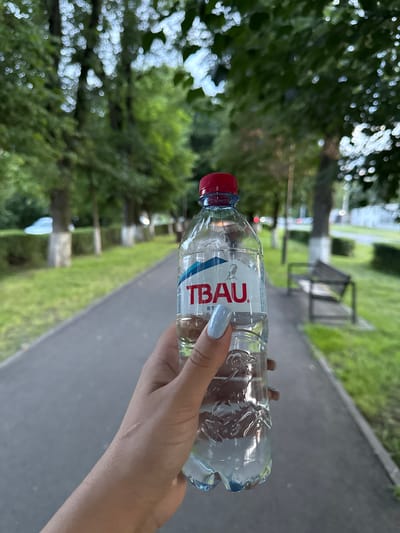 A person's hand, with light blue painted fingernails, holds a clear plastic water bottle with a red cap. The label on the bottle is red and white and features the word "TBAU". The bottle contains clear liquid. The background is a park-like setting with a paved walkway, green grass, and trees lining the path. A dark bench is visible on the right side of the image. The scene appears to be outdoors during the daytime, likely in the city of Vladikavkaz, Russia, given the presence of trees and park infrastructure.