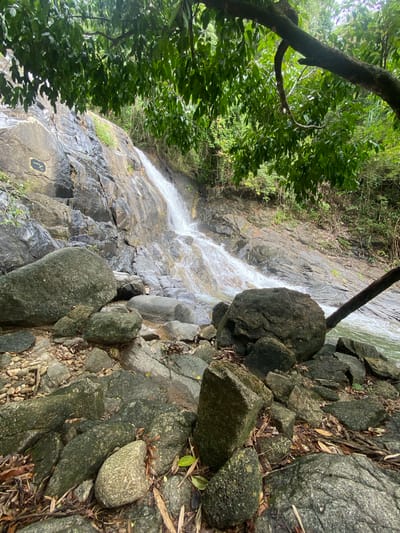 The image depicts a waterfall cascading over a rocky cliff face in Thai Mueang, Thailand. The water flows down the rock surface, creating a stream. The surrounding area is covered with vegetation, including trees and foliage. Large boulders and rocks line the sides of the waterfall. A branch with leaves is visible in the upper left corner. A tree trunk extends diagonally across the upper part of the waterfall.