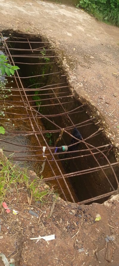 The image shows a section of a rusty metal grate covering a drainage ditch. The grate is made of thick, interwoven metal bars, many of which appear to be corroded. Beneath the grate, a dark, murky liquid flows, likely water with debris. Green vegetation, including grass and leaves, grows around the edges of the ditch and on the surrounding ground. The ground itself is a mixture of soil, gravel, and small stones.

There are various pieces of litter scattered on the ground and partially visible in the ditch, including plastic wrappers and a black plastic object. A small section of green plastic tubing or cap is also visible on the grate, along with some white and blue stringy material. The overall scene suggests an outdoor, possibly neglected, environment. The concrete edge of the ditch is broken and uneven. The lighting appears to be natural daylight, though the sky and time of day are not discernible. The location context provided is Baissa, Nigeria. No people or animals are visible in the image.