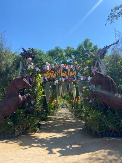 The image depicts an entrance to a park or garden area, possibly a tourist attraction, in Hoa Thang, Vietnam. The foreground is a sandy path lined with lush green foliage and colorful flowers. On either side of the path, at the entrance, are large, rustic sculptures of horses, crafted from natural materials like wood and vines. Above the path, an archway made of weathered wood is decorated with a vibrant array of artificial flowers in shades of pink, white, and blue. A yellow sign with Vietnamese text, "Đảo Hoa Lan," is prominently displayed on the archway, identifying the location as "Orchid Island." Hanging from the archway are strands of Spanish moss and what appear to be small, decorative lanterns. Further down the path, a few people can be seen walking, suggesting the area is open to visitors. The sky is a clear, bright blue, indicating a sunny day. The overall scene conveys a welcoming and whimsical atmosphere, characteristic of a tropical garden destination.