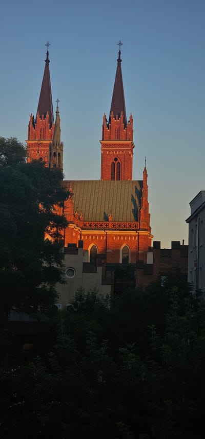The image shows the Holy Cross Church in Łódź, Poland, at sunset. The church, made of red brick, has two prominent towers with spires topped with crosses. A smaller spire is visible between the two main towers. The facade of the church features arched windows and decorative brickwork. The roof of the central part of the church is covered with a dark green material. In the foreground, dense green foliage obscures the lower part of the church and the surrounding environment. The sky is a clear, pale blue. A modern building is partially visible on the right side of the image. The lighting suggests it is late afternoon or early evening, with the warm tones of the setting sun illuminating the brickwork of the church.