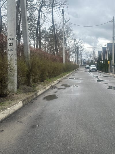 The image depicts a wet road in Irpin, Ukraine. The road surface is cracked and features several puddles of water. A curb runs along the edge of the road, separating it from a row of overgrown bushes and young trees. Utility poles with wires are visible on the left side of the road. In the distance, several cars are parked on the street. The sky is overcast. Markings on a utility pole appear to include the numbers "244," "22," and "0-M0-2/1".
