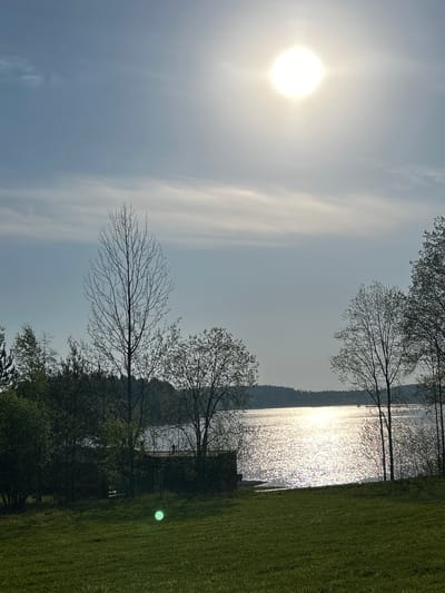 The image depicts a waterscape, likely a lake, bathed in sunlight. The sun, positioned on the left side of the frame, is high and casts a bright glare across the water's surface, creating a shimmering effect. The water is surrounded by land, with trees lining the shore. Some trees are bare, suggesting either early spring or late fall. The right side of the image shows a green grassy area. The location is Rautalakhti, Russia. There are no people visible in the image.
