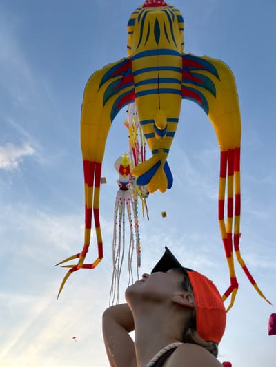 An outdoor, low-angle shot depicts a young woman wearing an orange baseball cap and looking up at a large, yellow kite shaped like a mythical creature with blue and red accents. The kite has a long body and four trailing limbs, each banded in yellow and red. Other kites, including one resembling a white octopus with colorful spots, are also visible in the sky. The sky is mostly blue with a few wispy white clouds. The woman's face is turned upwards, and her shoulders and upper chest are visible. The scene appears to be at a kite festival or similar event. The location of Quy Nhon Ward, Vietnam, is not explicitly depicted in the image but is provided as context.