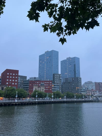 The image depicts a waterfront scene in Bilbao, Spain, likely during twilight or early evening. The sky is overcast and a soft, diffused light suggests a cloudy or possibly rainy day.

The primary subjects are the modern, glass-fronted skyscrapers that rise vertically on the left side of the frame, overlooking a calm river. These buildings, with their numerous windows reflecting the dim light, suggest a commercial or residential area. In front of the skyscrapers, a row of trees lines a pedestrian walkway along the riverbank. A few people are visible strolling along the walkway, their presence small against the scale of the architecture.

Further down the waterfront, older, brick buildings are visible, adding architectural diversity to the scene. A white railing separates the walkway from the river, and streetlights are spaced along the path, some emitting a warm glow. The river itself is a dominant element, its surface textured with ripples, reflecting the muted colors of the sky and buildings. On the right side of the image, the water extends to the edge of the frame, with a distant, blurred bridge visible further upriver.

On one of the buildings, a sign reads "DernierTex". The overall mood of the image is serene and urban, highlighting the contrast between natural elements (trees, river, sky) and the man-made environment of the city. The low light conditions contribute to a peaceful, slightly melancholic atmosphere.