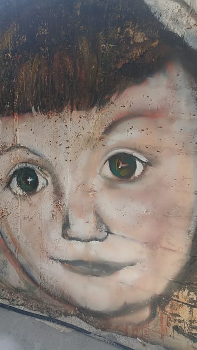 This media file contains a close-up, upward-angled shot of a painted mural on a textured, weathered surface, possibly a wall. The mural depicts a stylized, close-up portrait of a child's face. The child has large, prominent green eyes, with the right eye showing a reflection that appears to be an abstract shape or a smaller image within the iris. The skin of the face is rendered in muted tones of pink and beige, with visible brushstrokes and textural imperfections that suggest a rough application of paint. Dark, textured paint forms the child's hair, framing the face from the top.
The painting has a somewhat unfinished or aged appearance, with areas of paint appearing worn, chipped, or smudged. There are hints of other colors in the background, including dark browns, blacks, and some reds, suggesting a broader composition or background elements that are not fully visible. A black corrugated tube runs along the bottom edge of the image, resting on a rough, granular surface that appears to be a base or the ground. This tube and the granular material suggest an outdoor or semi-outdoor setting, possibly an urban environment.
The overall mood conveyed by the painting is somewhat somber or melancholic, due to the child's expression and the weathered state of the mural. The lighting appears to be natural daylight, but the time of day and weather conditions are not discernible from the image. There is no visible text within the media file. The location context of Yenişehir, Turkey, suggests this mural is part of the urban landscape in that region.