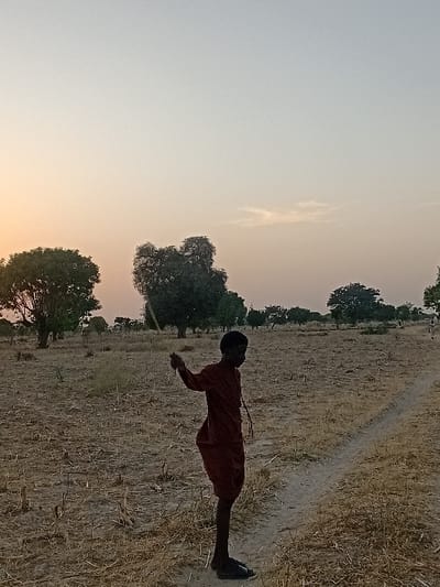 A person in a red outfit stands on dry grass in a field beneath a twilight sky. The ground is a mix of light tan and brown hues. Tall grass clumps are interspersed across the landscape. Sparse trees are visible along the horizon. The sky fades from a pale blue-gray at the top to a light orange near the bottom edge of the frame. A dirt path cuts through the field.