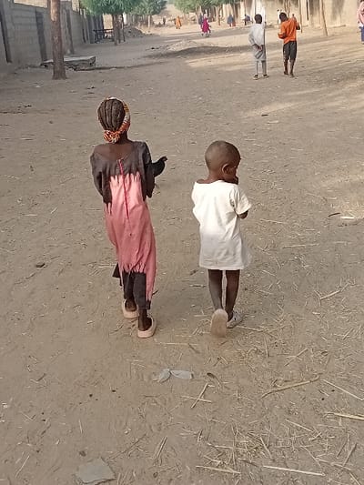 Two children stand in a dusty, sunlit outdoor setting. One child wears a white dress, and the other has a pink and black outfit with a headscarf, carrying a black chicken on their shoulder. In the distance, other individuals are visible along with simple buildings or structures. The ground has sparse grass and debris, typical of a village or rural area.
