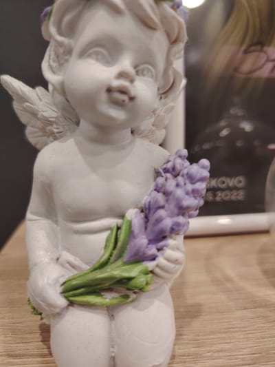 This is a close-up, eye-level shot of a small, white ceramic statue of a cherub holding a sprig of lavender. The cherub has delicate wings and is adorned with a faint purple halo. The lavender sprigs are a vibrant purple with green stems.
In the background, a framed photograph is partially visible. The photograph appears to be a portrait with a person's face and blonde hair. Text is visible on the frame of the photograph, reading "SKOVO" and "6 2022." This suggests the photo might be related to an event or organization in Haskovo, Bulgaria, in the year 2022.
The statue is placed on a light brown wooden surface, possibly a shelf or table. The lighting is soft, with some bokeh in the background, indicating a shallow depth of field. The overall mood of the image is gentle and decorative. No specific time of day or weather conditions are apparent. The focus is clearly on the cherub figurine and the lavender.