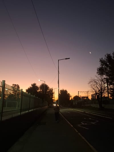 This photograph, taken in Villa Domínico, Argentina, captures a dusky sky transitioning from purple-blue to orange. A crescent moon is visible in the upper-left. Streetlights line a sidewalk bordered by a metal fence and trees. A dark asphalt surface, possibly a road or track, is present on the right. Power lines stretch across the sky. Bare tree branches are seen at the top center.