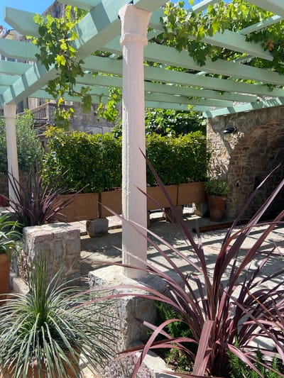 The image depicts an outdoor patio area with a light blue wooden pergola covered in green vines. A thick white column supports the pergola on the left side. In the foreground, several plants are visible, including a spiky green plant in a terracotta pot on the left and a plant with long, burgundy-colored leaves in the lower right quadrant. Behind these plants, stone walls and planters filled with dense green foliage line the space. A rustic stone wall with a light fixture is visible on the right side of the image. The ground is paved with concrete slabs. The scene suggests a tranquil outdoor seating area, possibly part of a residential property or a restaurant in Petrovac centar, Montenegro, characterized by its Mediterranean vegetation and stone architecture. The sky is clear and blue, indicating a sunny day.