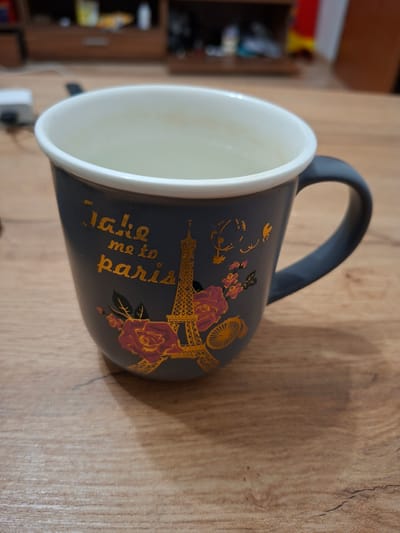 A dark gray ceramic mug with a white rim is positioned on a wooden surface. The mug is decorated with a gold Eiffel Tower illustration, red and pink roses, and the words "Take me to Paris" in gold lettering. The mug appears to be half-filled with a light-colored liquid, likely water. The background is blurred, showing furniture and a hint of a wall. The scene does not provide any specific information about the city of Ilava, Slovakia.
