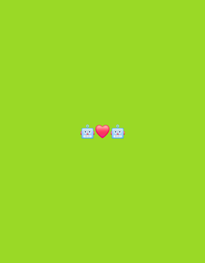 Two cartoon robots, one on the left and one on the right, are shown on a bright green background. Between the robots is a large red heart emoji. There are no people or other objects present. The location in the city of Homyel, Belarus, is not discernible from the image.