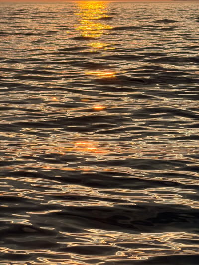 This media file captures a close-up, abstract view of rippling water, likely the sea, with the setting sun reflecting on its surface. The sun's rays create streaks of golden light that dance across the dark, undulating water, highlighting the texture of the waves. The light is concentrated on the left side of the frame, suggesting the sun is low on the horizon. The overall mood is serene and tranquil, evoked by the gentle movement of the water and the warm glow of the sunset. While no people or specific objects are discernible, the scene is clearly outdoors, set against a natural backdrop. The location context of Petrovac centar, Montenegro, implies the water is likely the Adriatic Sea. The time of day is sunset. There is no visible text in the image.