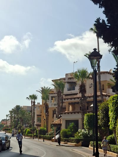 The image shows a street scene in Torrevieja, Spain, likely during the daytime. The perspective is from a low angle, looking up and across the street.
The main subjects are buildings with a Mediterranean architectural style, characterized by light-colored facades, terracotta roofs, and arched windows. Palm trees are abundant, lining the street and interspersed between the buildings, contributing to a warm, summery atmosphere. Lush green bushes and trees create a vibrant contrast with the architecture and the sky.
A person is visible riding a scooter on the right side of the street, moving away from the viewer. Another person, possibly a woman in a patterned dress, is walking on a raised walkway on the far right, partially obscured by foliage.
The sky is a clear blue with scattered white clouds, suggesting fair weather. The sunlight casts shadows, indicating it's likely mid-morning or afternoon. The scene appears to be a residential or commercial street in a town or city, with parked cars visible in the foreground on the left.
One sign is partially visible on the left, with text that appears to read "COTSA". The overall mood is one of a relaxed, sunny day in a Mediterranean setting.