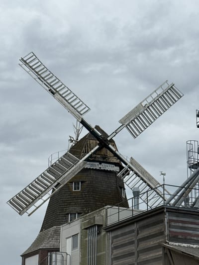 The image shows a close-up of a Dutch windmill in Scholen, Germany. The windmill has two large sails, one pointing upwards and the other downwards. The sails are made of wood and have a ladder-like structure. The windmill itself is made of dark wood and has a conical roof. There is a sign on the windmill that reads "HEINRICH STELTER". The sky is cloudy and overcast. The image is taken from a low angle, looking up at the windmill.
