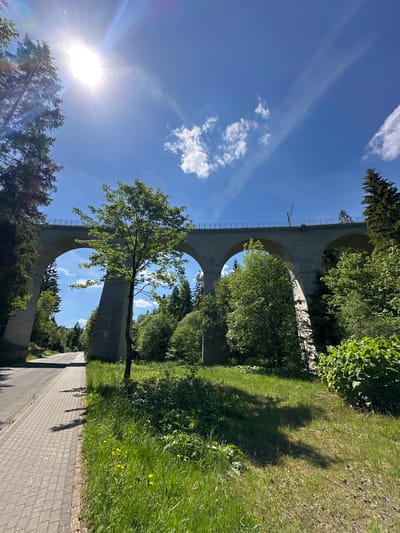 The image shows a viaduct in Wisła, Poland, viewed from below along a pathway. The viaduct is a light-colored concrete structure with multiple arches. A single tree stands in front of one of the arches. The sky is blue with scattered clouds, and the sun is visible in the lower left corner. A paved walkway runs alongside the structure, bordered by grass and trees. Shadows of people are visible on the pathway.