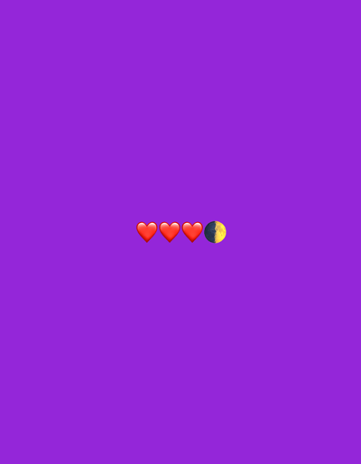 The image displays a solid, uniform purple background. Centered horizontally in the upper-middle portion of the frame is a horizontal sequence of four distinct graphic elements. From left to right, these consist of three identical red heart emojis, characterized by a glossy appearance. Immediately to the right of the hearts is one first quarter moon emoji, depicted with a dark blue shadowed left half and a bright yellow illuminated right half. No people, actions, or interactions are present. The scene is located in the city of Remscheid, Germany.