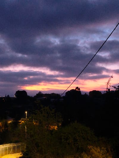 This image captures a twilight scene in the Lachish Regional Council, Israel. The sky is a dramatic display of dark purple clouds tinged with streaks of pink and orange from the setting sun. A solitary black wire bisects the sky diagonally. In the foreground, silhouetted trees and foliage create a dark, dense border. Further back, the faint glow of distant city lights is visible against the horizon. A street light illuminates a section of a fence topped with barbed wire, casting a warm glow on the surrounding vegetation. The overall impression is one of a serene but somewhat imposing landscape transitioning into night.