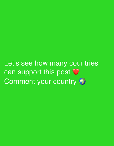 The image is a social media post with white text on a bright green background. The text reads: "Let's see how many countries can support this post ❤️ Comment your country 🌎". There is no discernible connection to Męcina, Poland, or any specific city. The image depicts only the text and emojis.