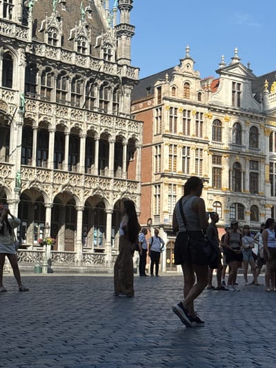 The image shows a scene at the Grand Place in Brussels, Belgium. The ornate architecture of the historic buildings, characterized by their detailed facades, numerous windows, and decorative elements, dominates the background. The ground is paved with cobblestones.
Several people are visible, mostly silhouetted against the bright sunlight. They appear to be tourists or locals strolling through the square. One person in the foreground is wearing a light-colored top and shorts, and another is wearing a dark tank top and shorts with a backpack. A few individuals are walking together in groups.
The time of day appears to be daytime, indicated by the strong shadows cast by the buildings and people. The weather seems to be clear and sunny, as suggested by the bright illumination of the scene. The atmosphere conveys a sense of a busy, yet relaxed, public space. No visible text is present in the image.