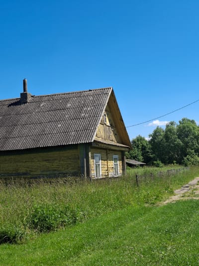 An exterior, eye-level, medium shot captures a rustic, yellow wooden house with a weathered, grey, corrugated roof. The house is situated in a rural landscape under a clear, bright blue sky. Tall green grass and weeds surround the structure, with a dirt path visible to the right. Trees form a dense green backdrop behind the house and fence. A single chimney stands on the left side of the roof. Two windows are visible on the front of the house, both appearing to be multi-paned and white-framed. The overall scene depicts a tranquil, somewhat aged rural setting in Дубровенскі сельскі Савет, Belarus. There are no people visible in the image.