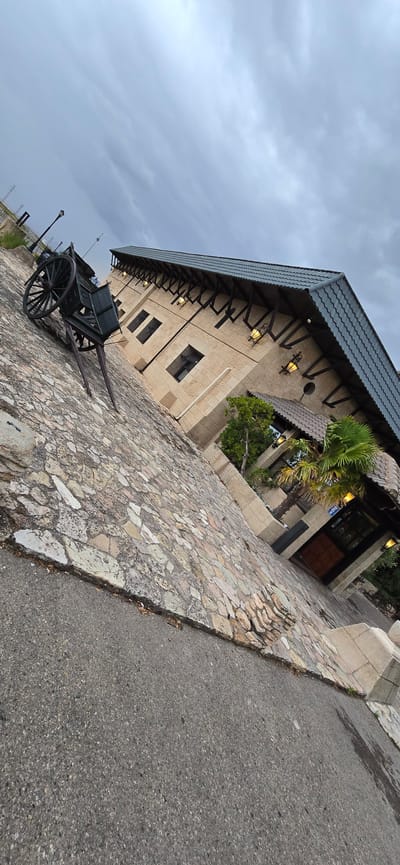 In the city of Venta de la Romera, Spain, a dark, wooden, horse-drawn cart with large spoked wheels is parked on a cobblestone pathway. The pathway is constructed of irregular-shaped, light-colored stones. To the right of the pathway, a tan stone building with a dark, tiled roof and exposed wooden beams is visible. The building features several windows with dark grates and exterior lighting fixtures that are illuminated, casting a warm glow. A palm tree and other greenery are situated near the entrance of the building, which has a wooden door. The sky above is overcast and grey, suggesting cloudy weather. The scene is captured from a low angle, with the pathway and building appearing tilted.
