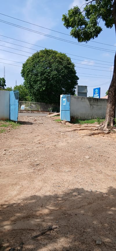 The image captures a bright, sunny outdoor scene, likely a roadside or path in Shaba, Nigeria. The dominant feature on the right side is a wide, light brown dirt path, heavily textured with sand and small stones. Shadows from unseen foliage above are cast across this path, indicating strong sunlight. Along the immediate edge of the path on the left, exposed tree roots are visible, transitioning into a grassy area.
On the left side of the frame, several structures and natural elements are present. A large, verdant tree with dense green foliage stands prominently. Further along, a concrete wall or fence line runs parallel to the path. Above this wall, a rectangular blue sign displays a white circular logo, possibly a stylized "Z" or "S," next to the legible white text "ZIDY HOME."
Below the sign, two light blue (or teal) metal structures, resembling gates or small enclosures, are visible. The closer one features a small white rectangular detail. Between these blue structures, a section of white metal fencing is also present. High above, several thin utility lines or power cables crisscross the clear blue sky, which has a few faint white clouds. The scene is illuminated by bright daylight, suggesting mid-morning to late afternoon. No people or active events are depicted.