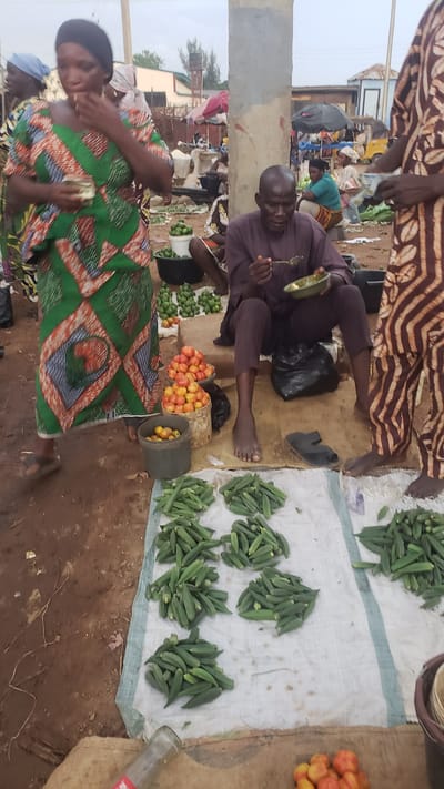 This media file depicts an outdoor market scene in Kakuri Gwari, Nigeria. The primary subjects are several people engaged in commerce, with a focus on the sale of fresh produce. In the foreground, a woman wearing a vibrantly patterned green and orange dress is holding what appears to be money. Behind her, another woman in a patterned headwrap and a colorful dress is visible.

The market stall features an abundance of fresh okra neatly arranged on a white cloth spread over the ground. There are also piles of tomatoes and what seem to be small green fruits, possibly limes or small tomatoes, in buckets. A man in a dark purple tunic is seated, holding a plate and a fork, possibly taking a break or eating. Black plastic bags are also present, likely used for carrying purchased goods. The ground appears to be dirt.

The lighting suggests it is daytime, with no strong indications of specific weather conditions. The overall atmosphere appears to be that of a busy local market. There is no visible text in the image.